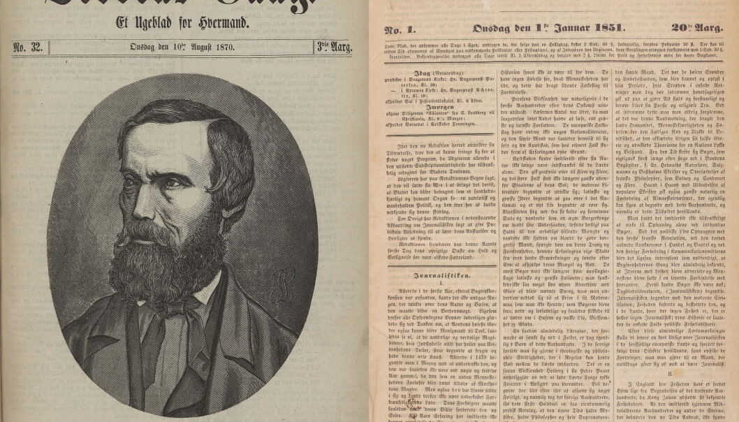 F.v. I 1870 skrev Verdens Gang et forfatterportrett av Vinje, illustrert med eit xylografi av signaturen L.J. T.h: Vinjes artikkel «Journalistiken» i Drammens Tidende i 1851. Foto: Nasjonalbiblioteket F.v. I 1870 skrev Verdens Gang et forfatterportrett av Vinje, illustrert med eit xylografi av signaturen L.J. T.h: Vinjes artikkel «Journalistiken» i Drammens Tidende i 1851. Foto: Nasjonalbiblioteket