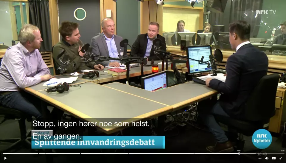 Mandagens siste debatt i Dagsnytt 18 ble litt mer amper enn redaksjonen hadde sett for seg. Foto: Skjermdump, NRK.no