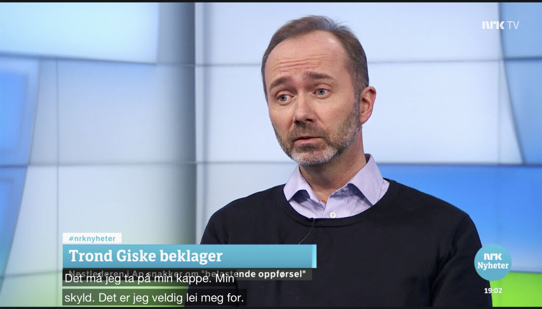 21.desember beklaget Trond Giske oppførselen sin på Dagsrevyen. Det var hans siste offentlige opptreden før han ble sykmeldt. Foto: Skjermdump 21.desember beklaget Trond Giske oppførselen sin på Dagsrevyen. Det var hans siste offentlige opptreden før han ble sykmeldt. Foto: Skjermdump