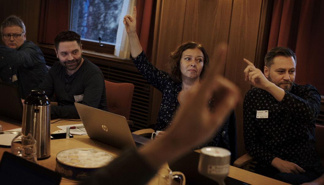 Håkon Okkenhaug (fra venstre), Pål Hellesnes, Sonja Nordanger og Frank Lynum under landsstyremøtet. Foto: Andrea Gjestvang Håkon Okkenhaug (fra venstre), Pål Hellesnes, Sonja Nordanger og Frank Lynum under landsstyremøtet. Foto: Andrea Gjestvang