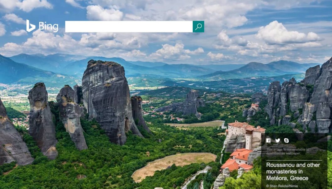 Stian Rekdal sitt bilde fra Meteora i Hellas lå på forsiden til Bing 15. september 2016. Foto: Skjermdump Stian Rekdal sitt bilde fra Meteora i Hellas lå på forsiden til Bing 15. september 2016. Foto: Skjermdump