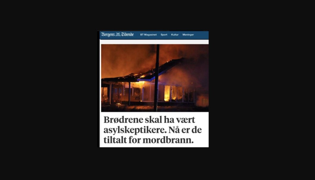 Omtalen av to brødre tiltalt for mordbrann som «asylskeptikere» har ført til sterke reasjoner i sosiale medier. Skjermdump: BT Omtalen av to brødre tiltalt for mordbrann som «asylskeptikere» har ført til sterke reasjoner i sosiale medier. Skjermdump: BT