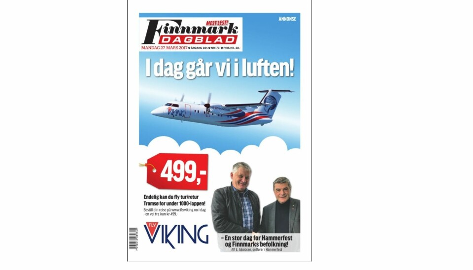 Skjermdump av Finnmark Dagblads forside.