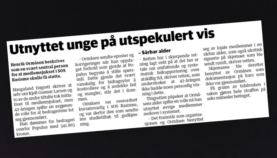 Dette er den omstridte teksten i Haugesunds Avis, som er klaget inn for Pressens Faglige Utvalg. Dette er den omstridte teksten i Haugesunds Avis, som er klaget inn for Pressens Faglige Utvalg.