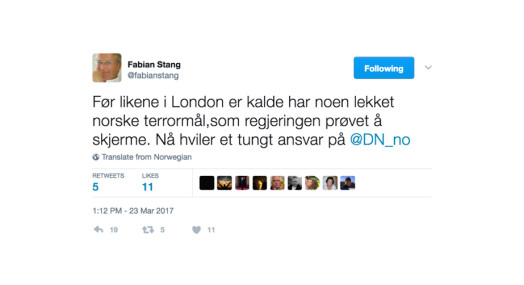 Statsministeren mener det er klokt av Fabian Stang å slette tweet om Dagens Næringsliv Statsministeren mener det er klokt av Fabian Stang å slette tweet om Dagens Næringsliv