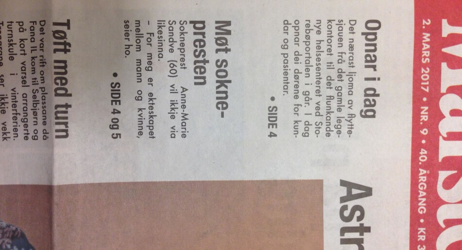 May Linn Clement skrev at sognepresten ikke ville vie likesinnede på forsiden av Marsteinen