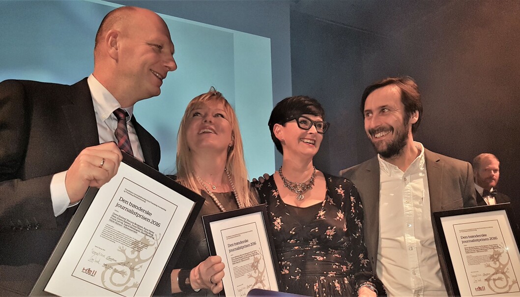 Rune Petter Ness, Norunn Bergesen, Marit Bardal og Stian Wallum fra Adresseavisen. Helt til høyre ser vi juryleder Sveinung Uddu Ystad. Foto: Bjørn Åge Mossin Rune Petter Ness, Norunn Bergesen, Marit Bardal og Stian Wallum fra Adresseavisen. Helt til høyre ser vi juryleder Sveinung Uddu Ystad. Foto: Bjørn Åge Mossin