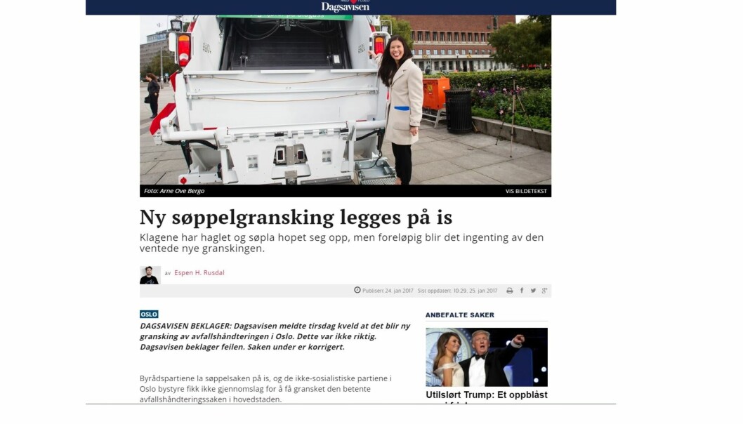 Dagsavisen endret saken etter NTBs oppdatering cirka klokken 23.15, med en beklagelse. Foto: Skjermdump Dagsavisen.