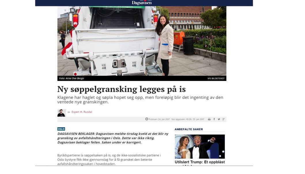 Dagsavisen endret saken etter NTBs oppdatering cirka klokken 23.15, med en beklagelse. Foto: Skjermdump Dagsavisen. Dagsavisen endret saken etter NTBs oppdatering cirka klokken 23.15, med en beklagelse. Foto: Skjermdump Dagsavisen.