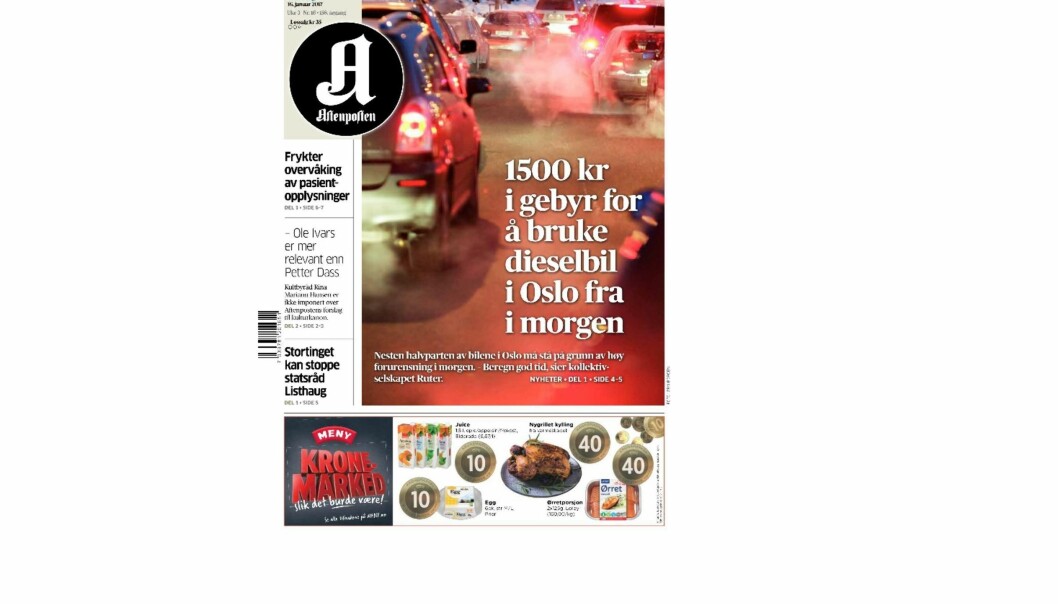 Aftenpostens avisforside mandag morgen er viet diesel-saken i Oslo. Foto: Forsidene.no.
