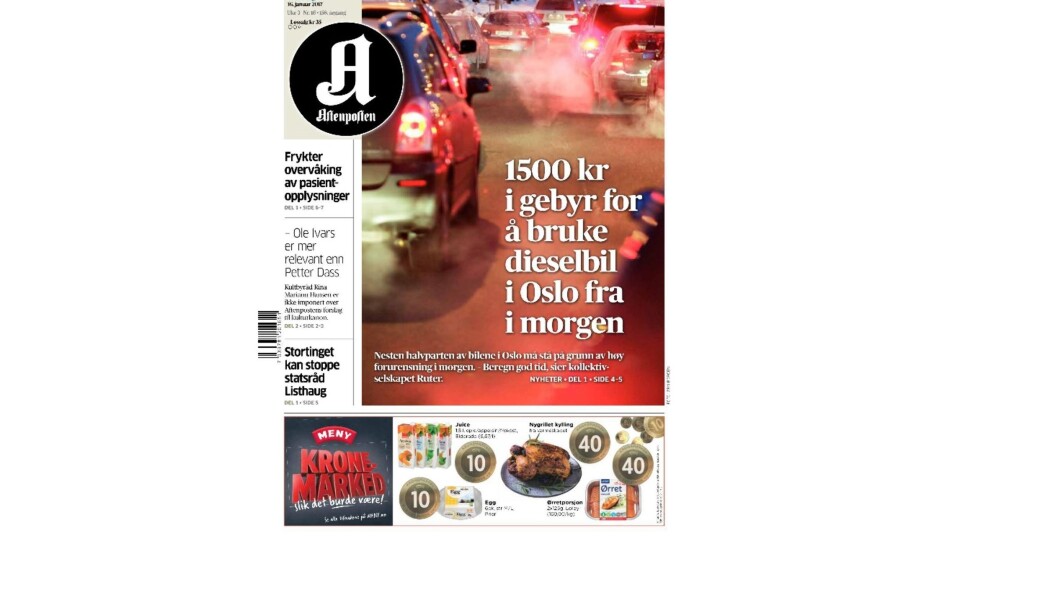 Aftenpostens avisforside mandag morgen er viet diesel-saken i Oslo. Foto: Forsidene.no. Aftenpostens avisforside mandag morgen er viet diesel-saken i Oslo. Foto: Forsidene.no.
