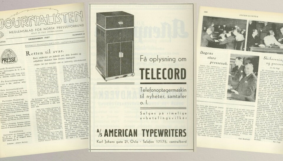 Journalistens forside fra desember 1937, kombinert med eksempler som viser at den teknologiske utviklingen hadde gått sin gang i bladets 20-årige historie. Blant annet i form av fotoreportasjer og nymotens opptaksmaskin for telefonsamtaler.