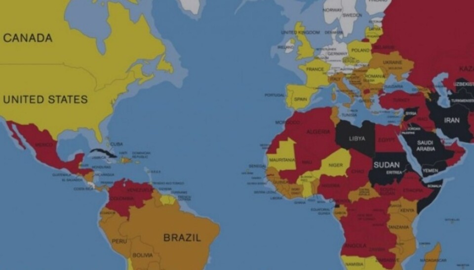 Kartet viser hvilke land der det ifølge Reporters Without Borders er best (lyse farger) og verst (sort og rødt) forhold for pressefriheten.