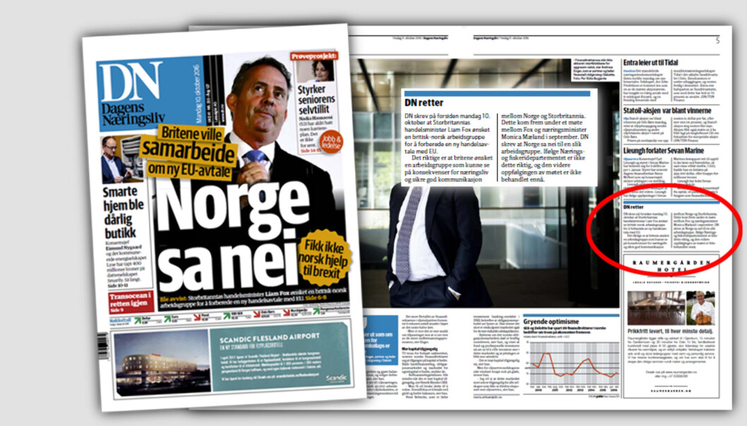 Faksimile Dagens Næringslivs forside mandag 10. oktober (til venstre) og av rettelsen på side 5 i DN tirsdag 11. oktober. Faksimile Dagens Næringslivs forside mandag 10. oktober (til venstre) og av rettelsen på side 5 i DN tirsdag 11. oktober.