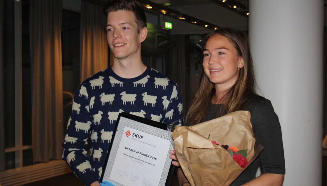 Einar Otto Stangvik og Natalie Remøe Hansen tok imot Dataskup-prisen lørdag. Foto: Angelica Hagen Einar Otto Stangvik og Natalie Remøe Hansen tok imot Dataskup-prisen lørdag. Foto: Angelica Hagen