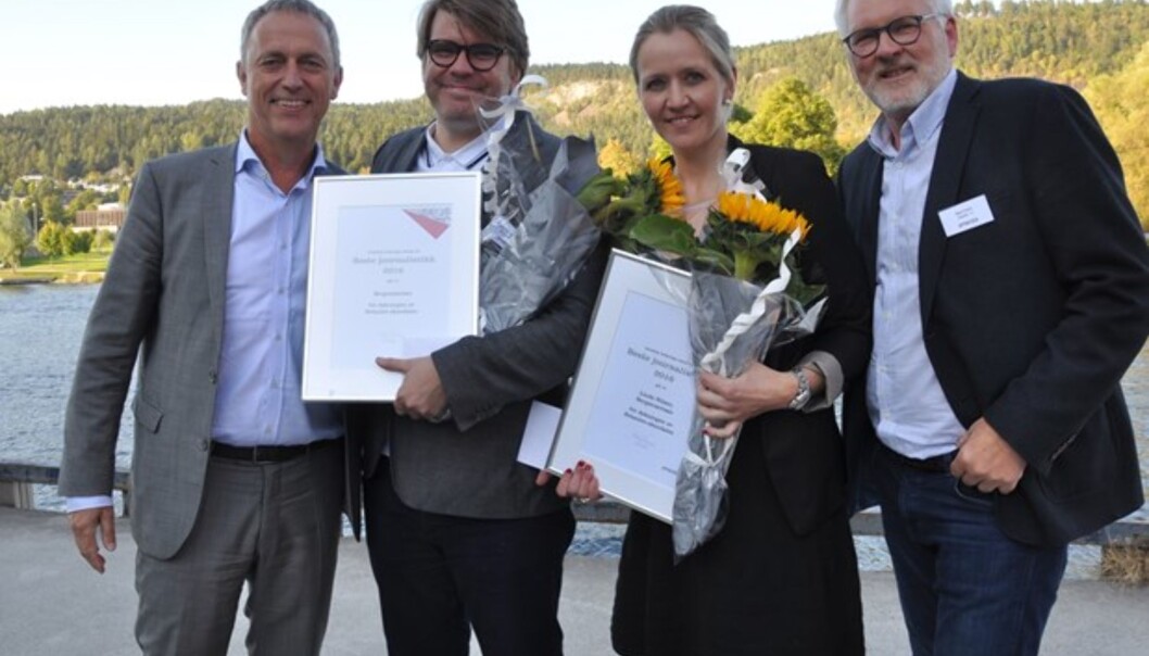 Prisvinner Linda Nilsen sammen med BAs ansvarlige redaktør Sigvald Sveinbjørnsson. Til venstre Amedias konsernsjef Are Stokstad og juryleder Stig Finslo til Høyre. Foto: Amedia Prisvinner Linda Nilsen sammen med BAs ansvarlige redaktør Sigvald Sveinbjørnsson. Til venstre Amedias konsernsjef Are Stokstad og juryleder Stig Finslo til Høyre. Foto: Amedia