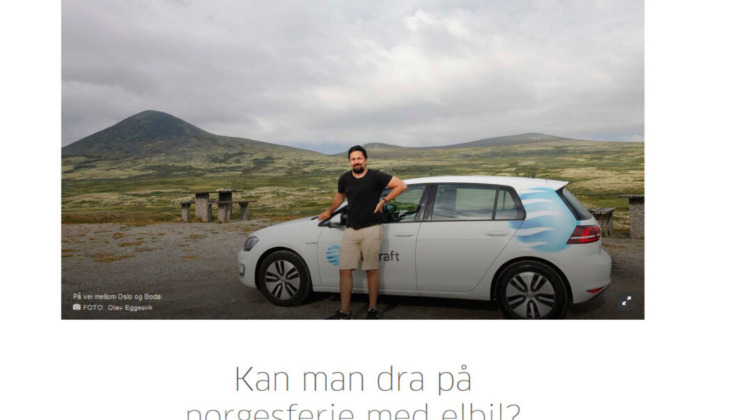 Journalist Eggesvik planla elbilferie i Norge. Det ble til en reportasje, men da hadde han allerede leid bil. Foto: Skjermdump fra Aftenposten Journalist Eggesvik planla elbilferie i Norge. Det ble til en reportasje, men da hadde han allerede leid bil. Foto: Skjermdump fra Aftenposten