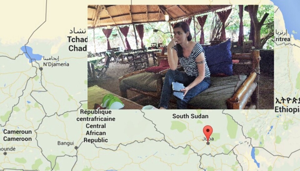 Frilanser Maren Sæbø er eneste norske journalist i Juba, der det har oppstått borgerkrigsliknende tilstander i helgen. Foto: Privat og Google Maps