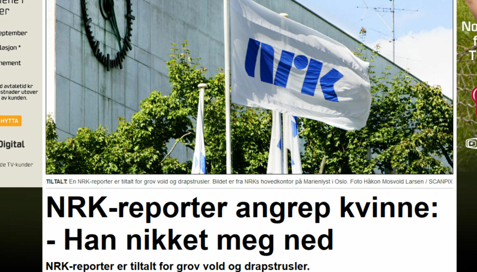 Gjerningsmannen arbeider i NRK, derfor er det naturlig å ha med nanv på arbeidsplassen og dets logo i dekningen av en rettssak på mannen. Skjermdump/Dagbladet.no