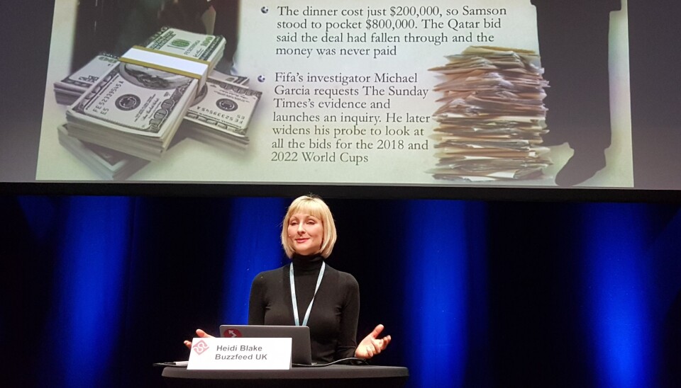 Heidi Blake fra Buzzfeed News fortalte om gravearbeidet hun deltok i for å avsløre korrupsjonen i Fifa. Foto: Bjørn Åge Mossin Heidi Blake fra Buzzfeed News fortalte om gravearbeidet hun deltok i for å avsløre korrupsjonen i Fifa. Foto: Bjørn Åge Mossin