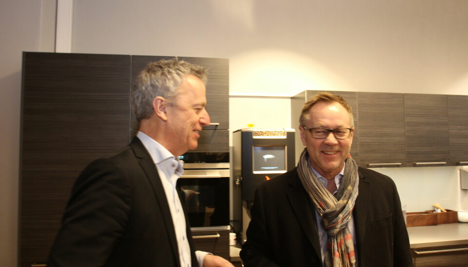 John Arne Markussen (til høyre) vil gjerne ha på plass en felles betalingsløsning. Her sammen med Amedia-sjef Are Stokstad under opplagspresentasjonene. Foto: Martin Huseby Jensen
