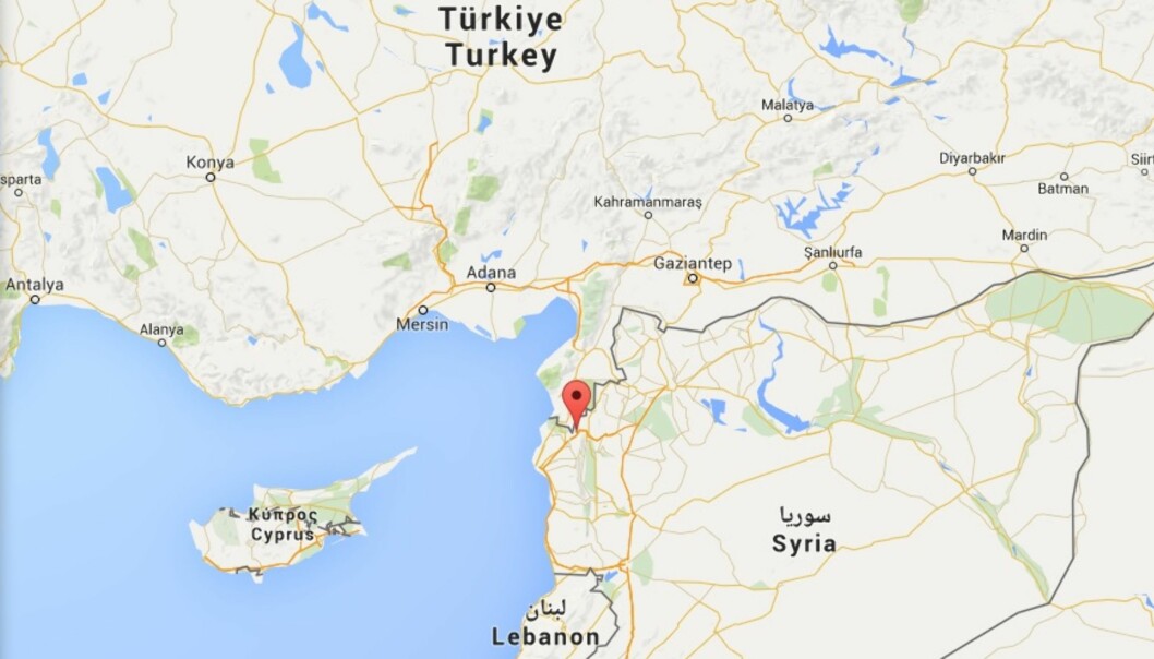 Granatene kom blant annet fra byen Bidama på den syriske grensa til Tyrkia. Illustrasjon: Google Maps