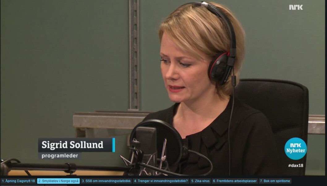 Sigrid Sollund var igjen programleder på Dagsnytt Atten da norske bestemmelser om asylsøkeres private verdier ble debattert sist onsdag. Sigrid Sollund var igjen programleder på Dagsnytt Atten da norske bestemmelser om asylsøkeres private verdier ble debattert sist onsdag.