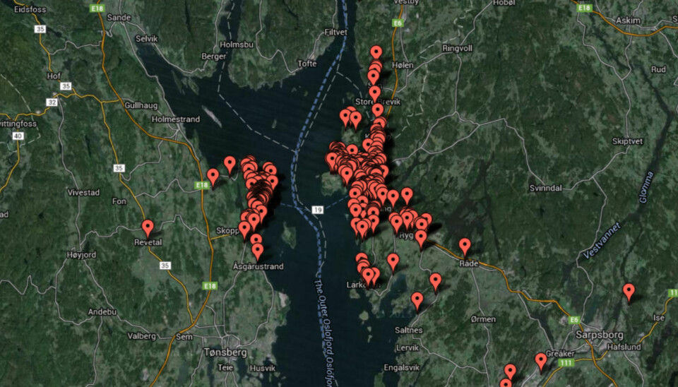 Dette kartet viser alle observasjonene Moss Avis har fått inn fra lesere på drønnet. Kart: Google Maps