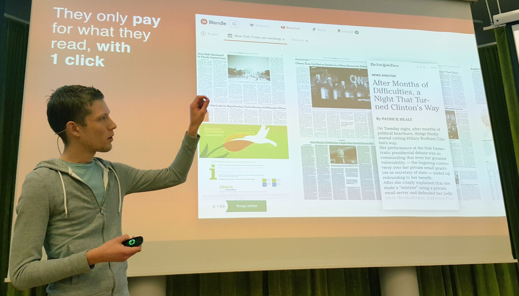 Produktsjef Rick Pastoor fra Blendle demonstrerte hvordan innholdet blir presentert i den enkelte publikasjonens typografi og utseende. Foto: Bjørn Åge Mossin Produktsjef Rick Pastoor fra Blendle demonstrerte hvordan innholdet blir presentert i den enkelte publikasjonens typografi og utseende. Foto: Bjørn Åge Mossin