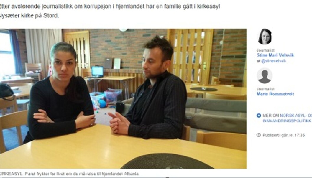 Det albanske paret valgte å gå i kirkeasyl etter to avslag på asylsøknaden. Foto: Skjermdump fra nrk.no Det albanske paret valgte å gå i kirkeasyl etter to avslag på asylsøknaden. Foto: Skjermdump fra nrk.no