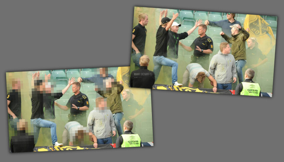 Var det riktig å sladde personene på dette bildet? Lindesnes Avis publiserte bildet uten sladd (øverst til høyre), Fædrelandsvennen pikselerte. Foto: Espen Sand