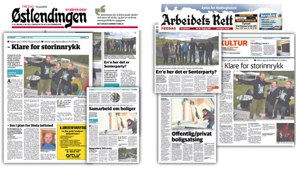 Montasje av faksimiler over fellessaker fra fredagsutgavene til Østlendingen og Arbeidets Rett. Montasje av faksimiler over fellessaker fra fredagsutgavene til Østlendingen og Arbeidets Rett.