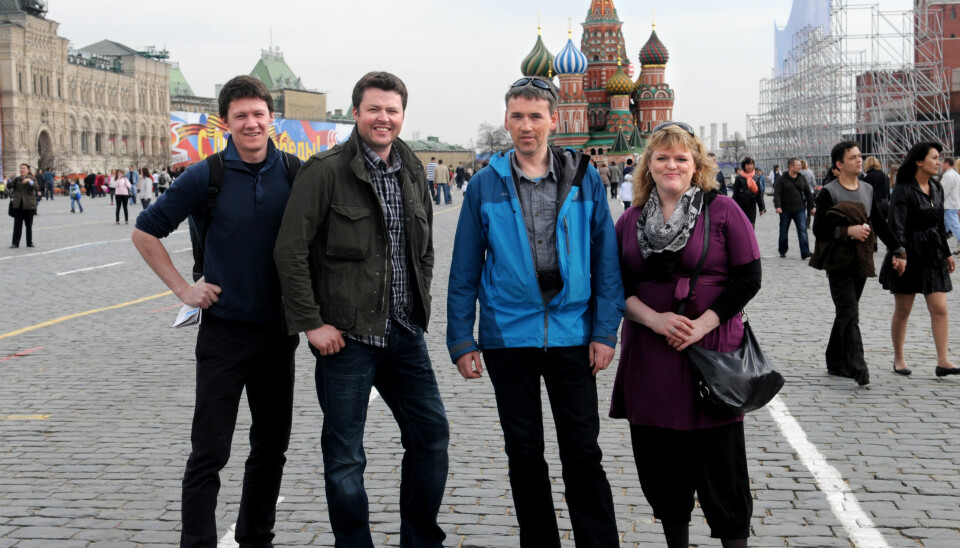 Barents Observer-redaksjonen med redaktør Thomas Nilsen (i blått) på besøk i Moskva for noen år siden. Foto: privat