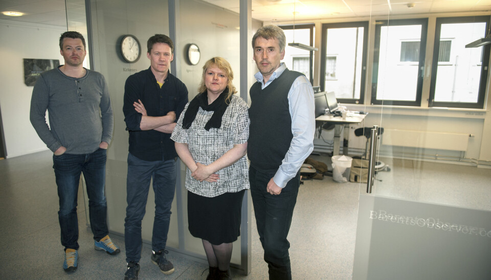 Redaksjonen i Barents Observer med redaktør Thomas Nilsen helt til høyre. Ellers, fra venstre: Jonas Karlsbakk, Atle Staalesen og Trude Pettersen. Foto: Claus Bergersen