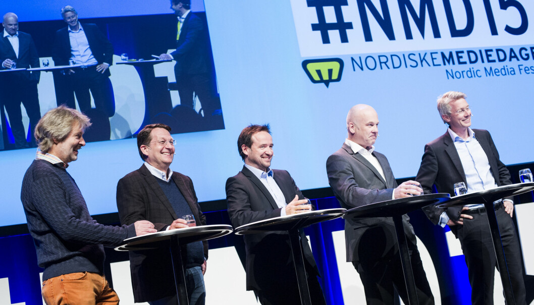 MTG-sjef Morten Micalsen (i midten) er fornøyd med seertallene på EM i håndball. Her sammen med andre medieledere under Nordiske Mediedager i fjor. Arkivfoto: Nordiske Mediedager
