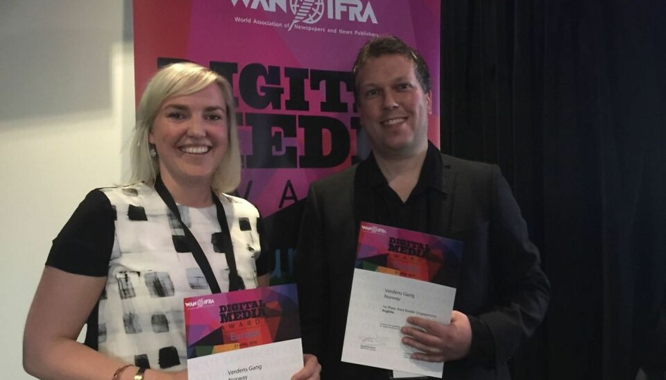 VG fikk med seg to priser hjem fra Wan-Ifras European Media Awards. Foto: Privat