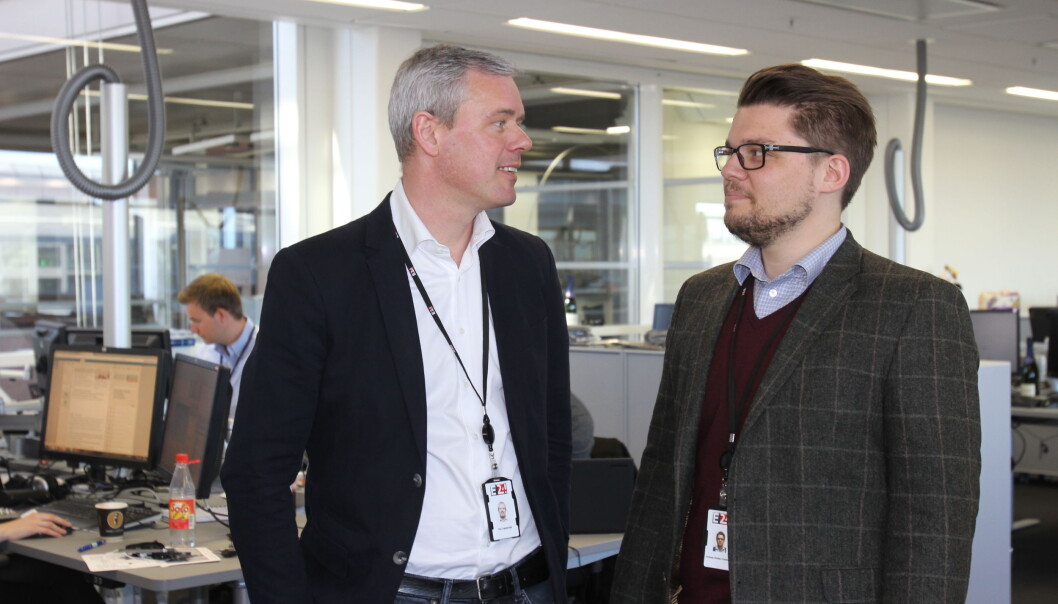 Publisher Per Valebrokk (t.v.) og NJ-klubbleder Andreas Wolden Fredriksen er i sluttfasen av en ny nedbemanning i E24 Dine Penger. Foto: Bjørn Åge Mossin Publisher Per Valebrokk (t.v.) og NJ-klubbleder Andreas Wolden Fredriksen er i sluttfasen av en ny nedbemanning i E24 Dine Penger. Foto: Bjørn Åge Mossin