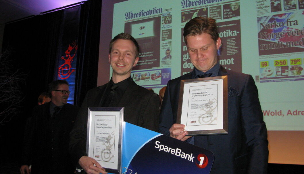 Ole Martin Wold (t.v.) og Jonas Alsaker Vikan fra Adresseavisen hentet hjem den gjeveste prisen på Hellkonferansen 2015. Foto: Bjørn Åge Mossin Ole Martin Wold (t.v.) og Jonas Alsaker Vikan fra Adresseavisen hentet hjem den gjeveste prisen på Hellkonferansen 2015. Foto: Bjørn Åge Mossin
