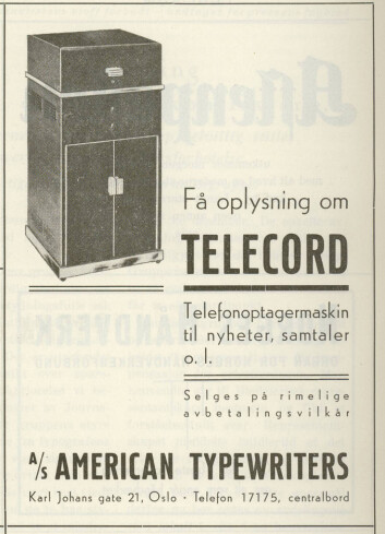 Annonse for en "telefonoptagermaskin" fra 1937.