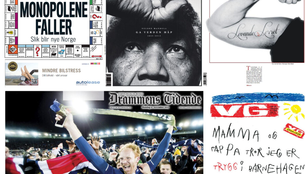 En av disse blir årets avisforside 2013. Finansavisen 9. oktober, VG 6. desember, Kvinnheringen 22. november, Drammens Tidende 11. november eller VG 11. mars. En av disse blir årets avisforside 2013. Finansavisen 9. oktober, VG 6. desember, Kvinnheringen 22. november, Drammens Tidende 11. november eller VG 11. mars.