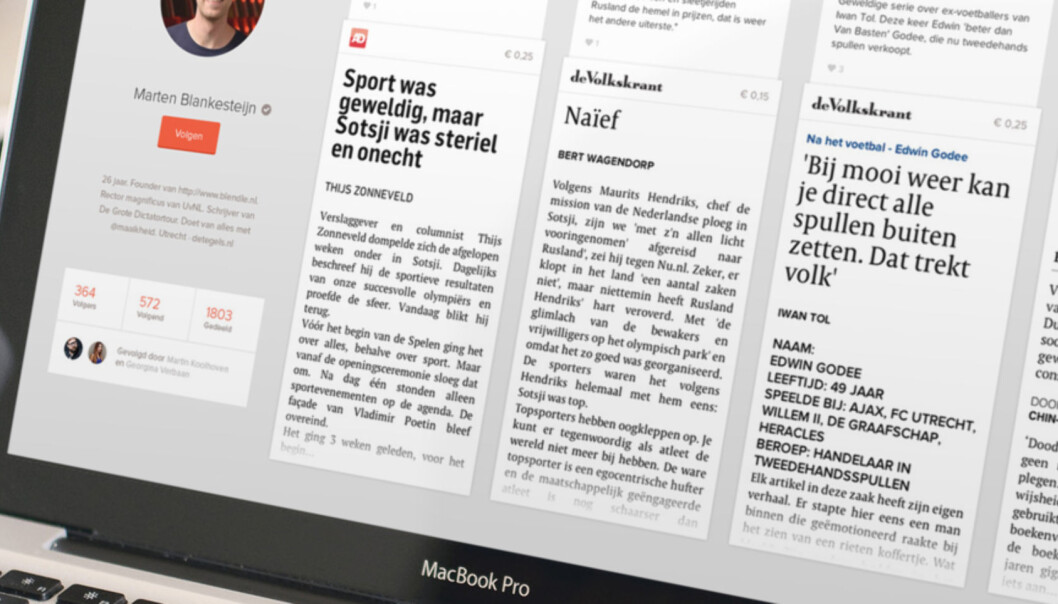 På Blendle vil brukerne få oversikt over artikler, og å kunne betale fra i underkant av ei krone til fem kroner for å lese den. Blendle vil også til Norge. På Blendle vil brukerne få oversikt over artikler, og å kunne betale fra i underkant av ei krone til fem kroner for å lese den. Blendle vil også til Norge.