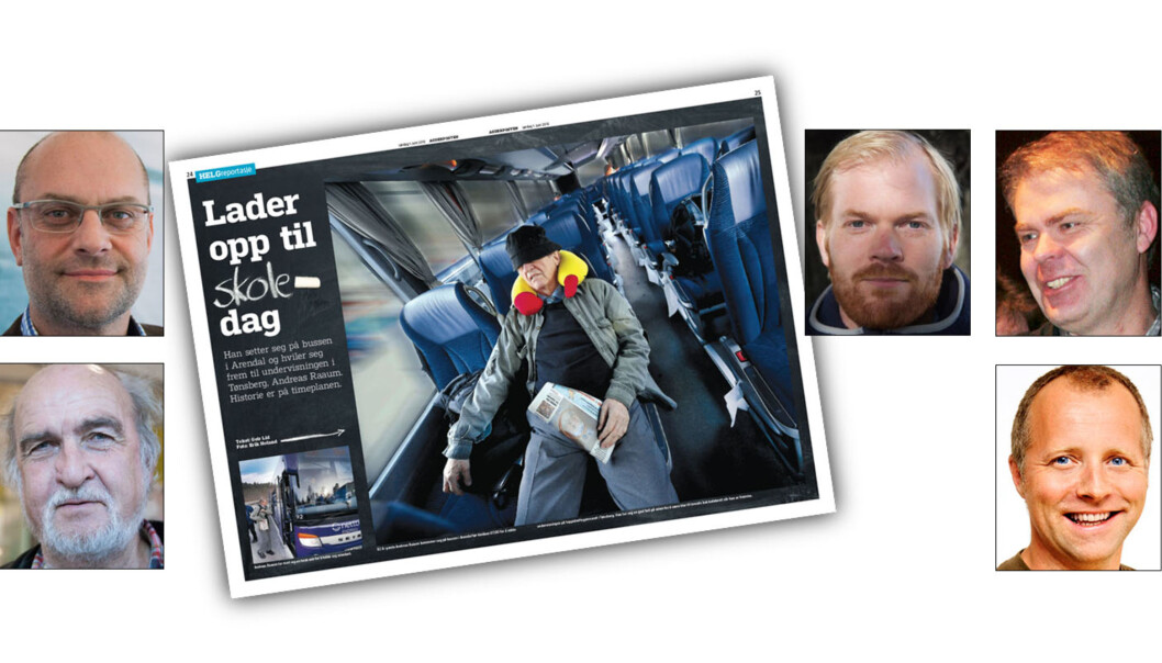 Agderpostens redaktør Morten Rød (oppe til venstre) mener det prisbelønnede bildet til Erik Holand (under) ikke bryter med Vær varsom-plakaten. Leder Sveinung Ystad i Pressefotografenes klubb (i midten) er overrasket over debatten. Verken Dagbladets fotosjef Hans Arne Vedlog (øverst til høyre) eller VGs fotosjef Gisle Oddstad ville trykket bildet. Arkivfoto/Illustrasjon: Journalisten Agderpostens redaktør Morten Rød (oppe til venstre) mener det prisbelønnede bildet til Erik Holand (under) ikke bryter med Vær varsom-plakaten. Leder Sveinung Ystad i Pressefotografenes klubb (i midten) er overrasket over debatten. Verken Dagbladets fotosjef Hans Arne Vedlog (øverst til høyre) eller VGs fotosjef Gisle Oddstad ville trykket bildet. Arkivfoto/Illustrasjon: Journalisten