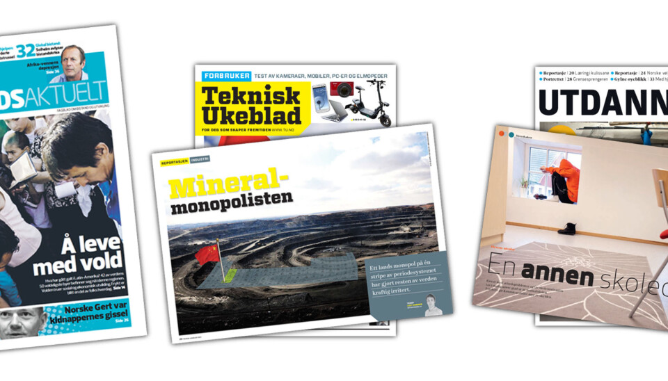 HEDRET: Bistandsaktuelt, Teknisk Ukeblad og Utdanning mottok de kanskje tre gjeveste prisene under årets prisdryss i fagpressen. Illustrasjon: Faksimiler/Journalisten HEDRET: Bistandsaktuelt, Teknisk Ukeblad og Utdanning mottok de kanskje tre gjeveste prisene under årets prisdryss i fagpressen. Illustrasjon: Faksimiler/Journalisten