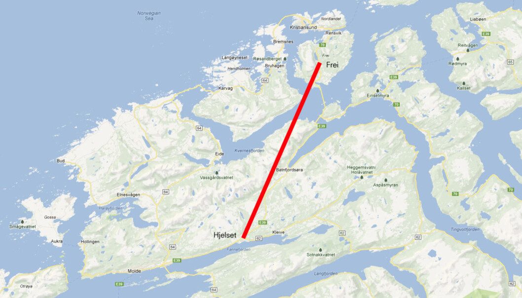 LOKALISERINGSDEBATT: Langs denne aksen kan et nytt regionalt sykehus bli plassert. Molde og Kristiansund står mot hverandre i den allerede langvarige sykehusstriden. Illustrasjon: Google Maps/Journalisten LOKALISERINGSDEBATT: Langs denne aksen kan et nytt regionalt sykehus bli plassert. Molde og Kristiansund står mot hverandre i den allerede langvarige sykehusstriden. Illustrasjon: Google Maps/Journalisten