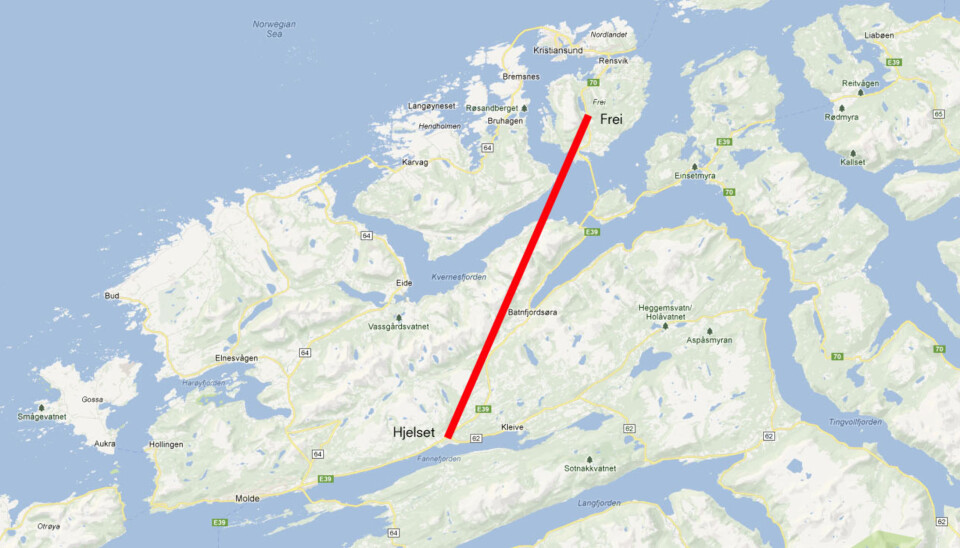 LOKALISERINGSDEBATT: Langs denne aksen kan et nytt regionalt sykehus bli plassert. Molde og Kristiansund står mot hverandre i den allerede langvarige sykehusstriden. Illustrasjon: Google Maps/Journalisten LOKALISERINGSDEBATT: Langs denne aksen kan et nytt regionalt sykehus bli plassert. Molde og Kristiansund står mot hverandre i den allerede langvarige sykehusstriden. Illustrasjon: Google Maps/Journalisten