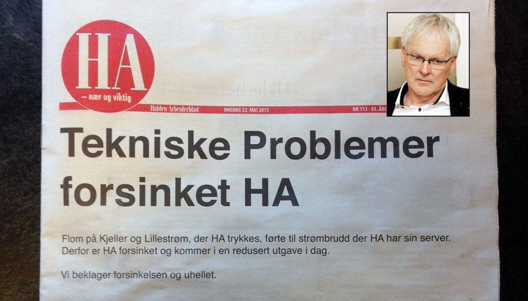 En rekke gamle A-presseaviser kom torsdag ut i redusert form. – Blant våre mest alvorlige hendelser, sier kommunikasjonsdirektør Stig Finslo (innfelt) om flommen. En rekke gamle A-presseaviser kom torsdag ut i redusert form. – Blant våre mest alvorlige hendelser, sier kommunikasjonsdirektør Stig Finslo (innfelt) om flommen.