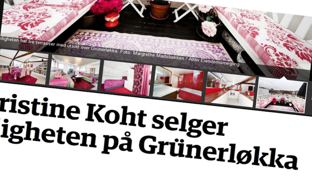 Med seks bilder fra Christine Kohts leilighet omtaler Dagbladet salgsprospektet. Bildene er alle hentet fra Finn-annonsen. Med seks bilder fra Christine Kohts leilighet omtaler Dagbladet salgsprospektet. Bildene er alle hentet fra Finn-annonsen.