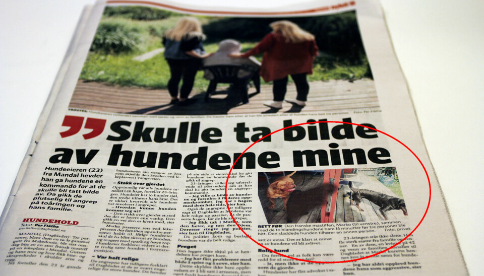 Journalist Per Flåthe sier at hensynet til mulig identifisering av eieren av den tredje hunden ligger bak valget om å sladde. Dagbladet 10. juli 2012.
