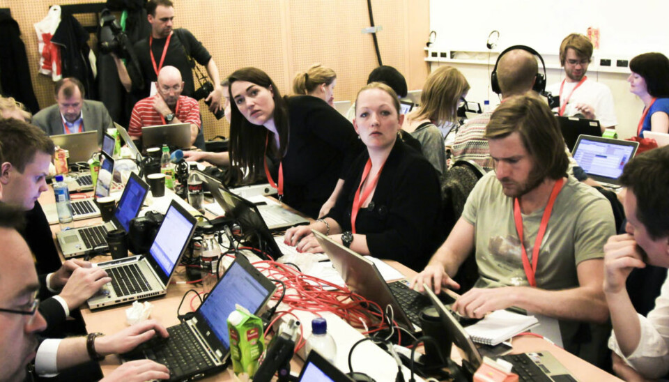 Journalister fra bla Aftenposten og regionaviser i pressesenter 227 på Oslo Tinghus. Foto: Kathrine Geard