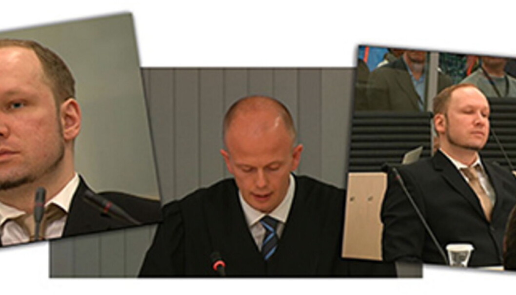 Rolig i retten. Breivik sitter tilsynelatende helt uberørt og lytter til aktor Svein Holdens innledningsforedrag. Skjermbilder fra NRK Nett-TVs overføring. Rolig i retten. Breivik sitter tilsynelatende helt uberørt og lytter til aktor Svein Holdens innledningsforedrag. Skjermbilder fra NRK Nett-TVs overføring.